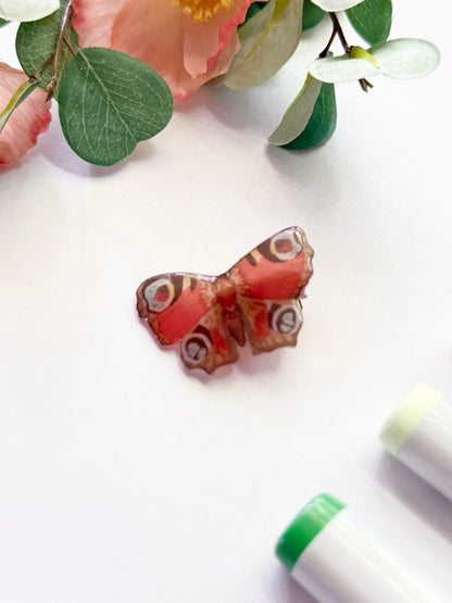 Hand-Illustrated + Handmade Red Peacock Butterfly Resin Hair Clip