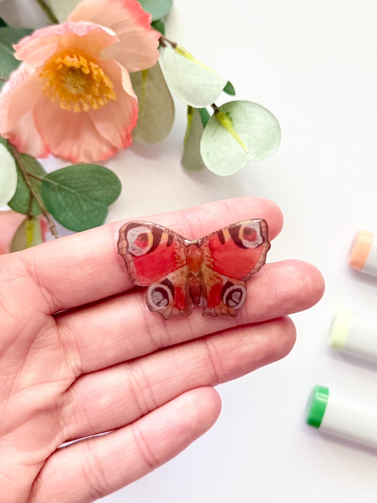 Hand-Illustrated + Handmade Red Peacock Butterfly Resin Hair Clip