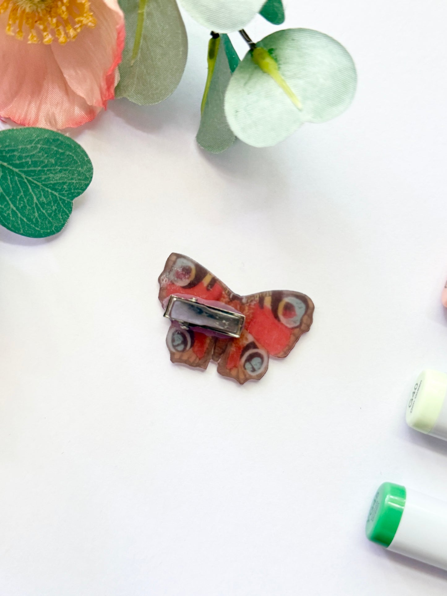 Hand-Illustrated + Handmade Red Peacock Butterfly Resin Hair Clip