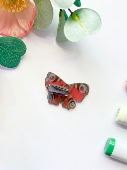 Hand-Illustrated + Handmade Red Peacock Butterfly Resin Hair Clip
