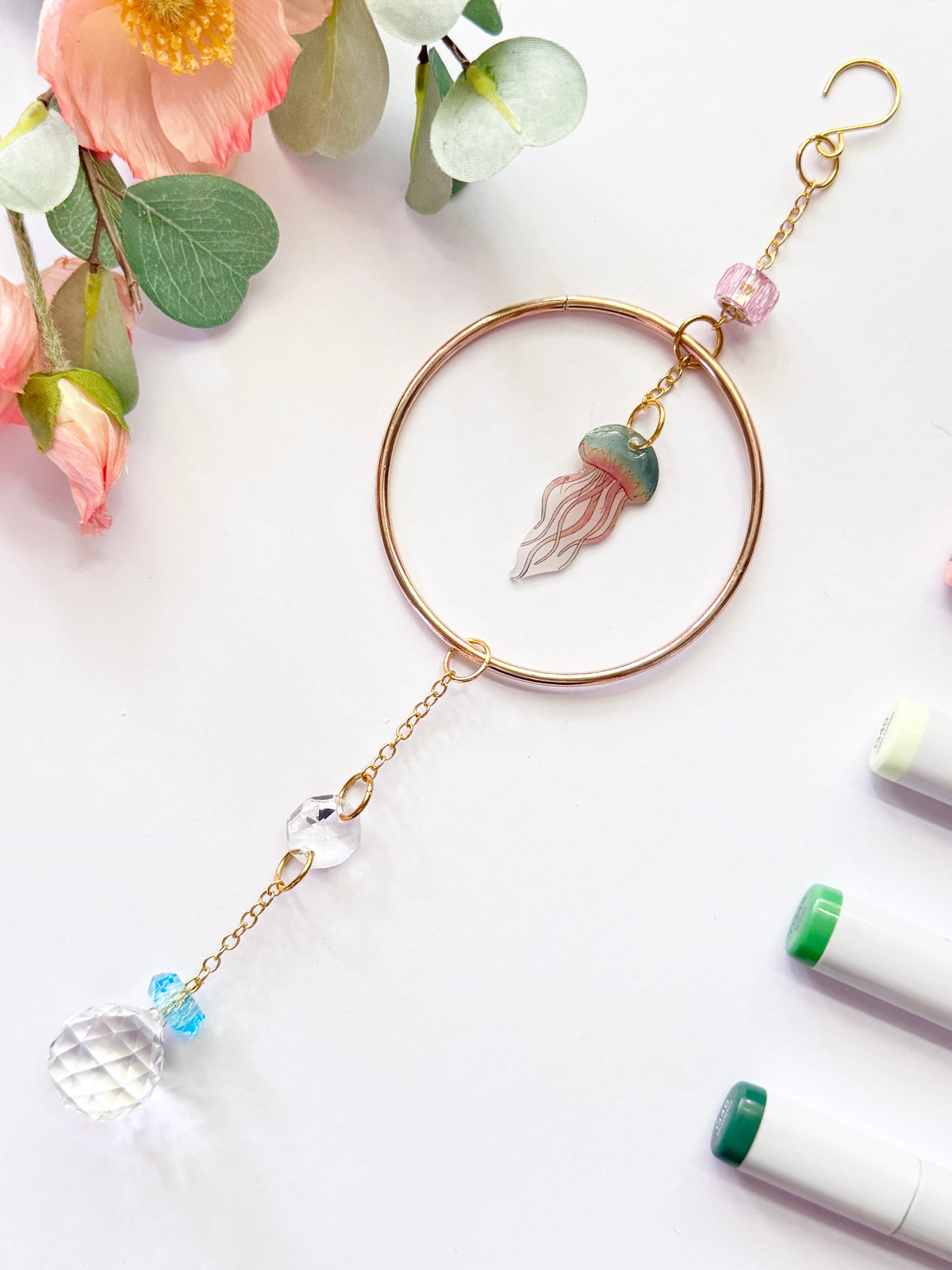Handmade + Hand-Illustrated Jellyfish Suncatcher with Pink Beads