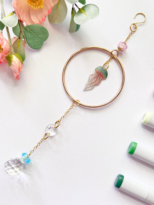 Handmade + Hand-Illustrated Jellyfish Suncatcher with Pink Beads