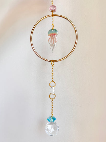 Handmade + Hand-Illustrated Jellyfish Suncatcher with Pink Beads