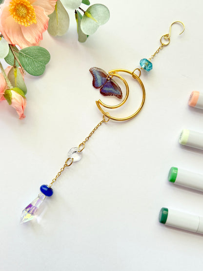 Handmade + Hand-Illustrated Blue Morpho Butterfly Suncatcher with Blue Beads