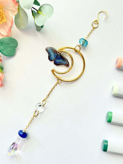 Handmade + Hand-Illustrated Blue Morpho Butterfly Suncatcher with Blue Beads