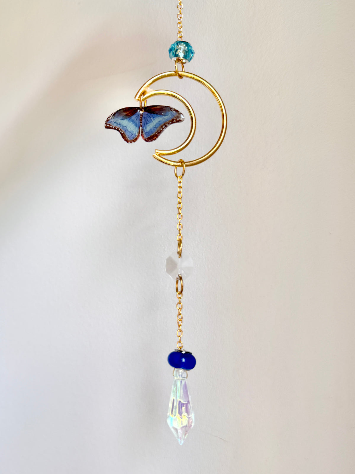 Handmade + Hand-Illustrated Blue Morpho Butterfly Suncatcher with Blue Beads
