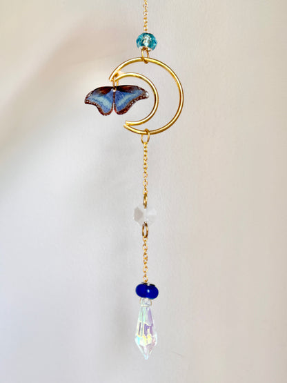 Handmade + Hand-Illustrated Blue Morpho Butterfly Suncatcher with Blue Beads