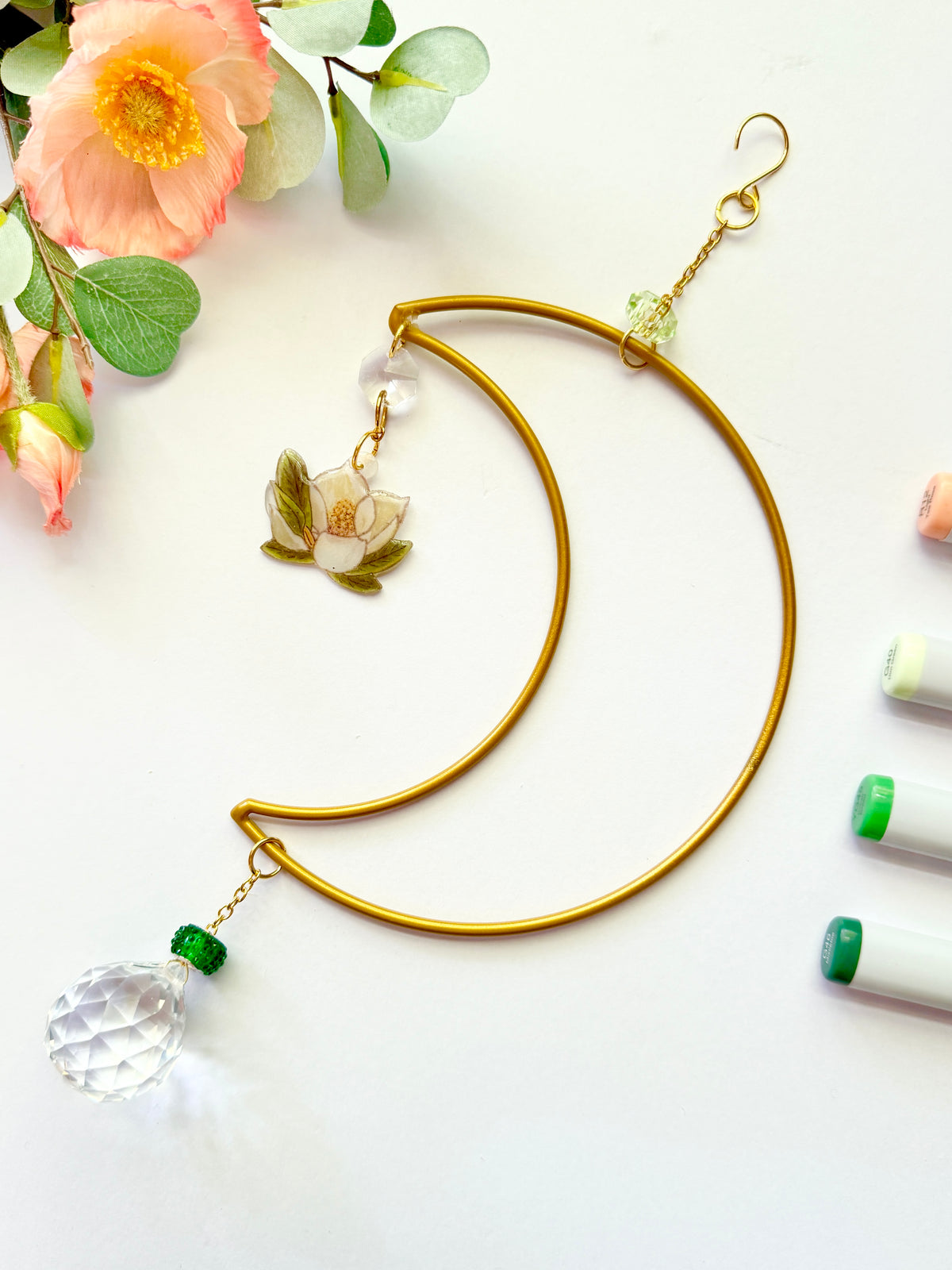 Handmade + Hand-Illustrated Southern Magnolia Flower Suncatcher with Green Beads