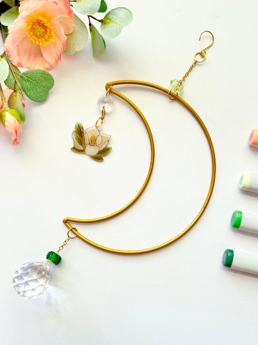 Handmade + Hand-Illustrated Southern Magnolia Flower Suncatcher with Green Beads