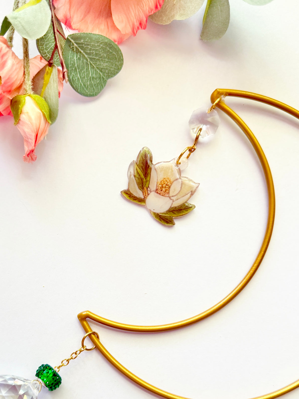 Handmade + Hand-Illustrated Southern Magnolia Flower Suncatcher with Green Beads