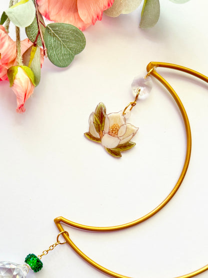 Handmade + Hand-Illustrated Southern Magnolia Flower Suncatcher with Green Beads