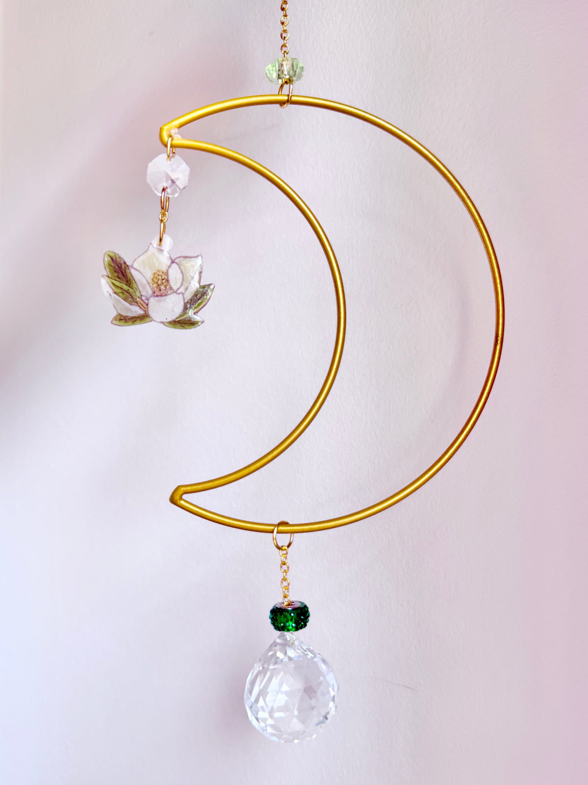Handmade + Hand-Illustrated Southern Magnolia Flower Suncatcher with Green Beads