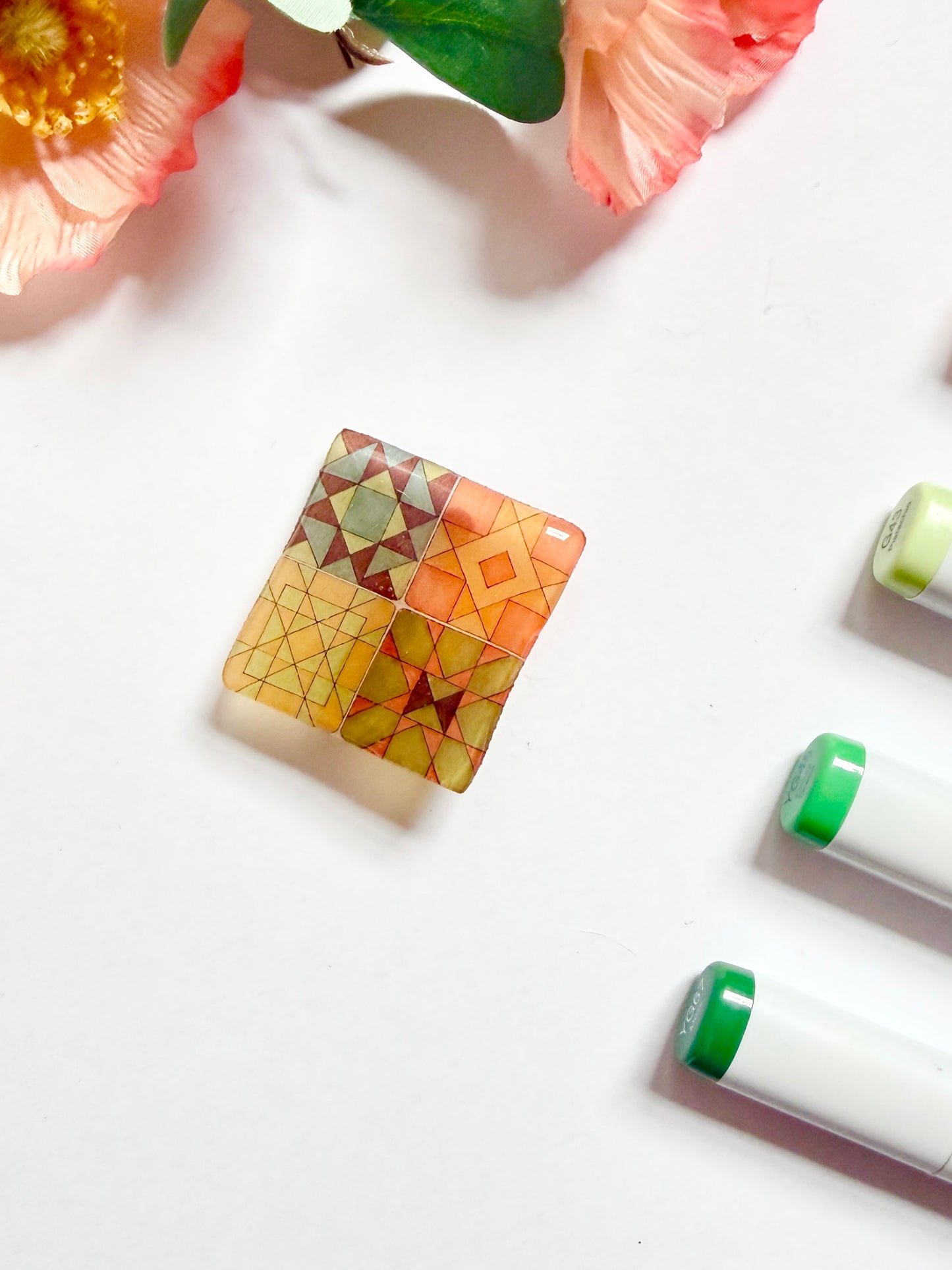 Hand-Illustrated + Handmade Quilt Squares Resin Hair Clip