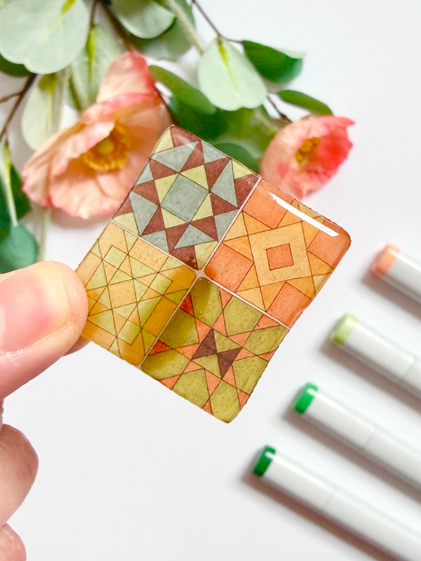 Hand-Illustrated + Handmade Quilt Squares Resin Hair Clip