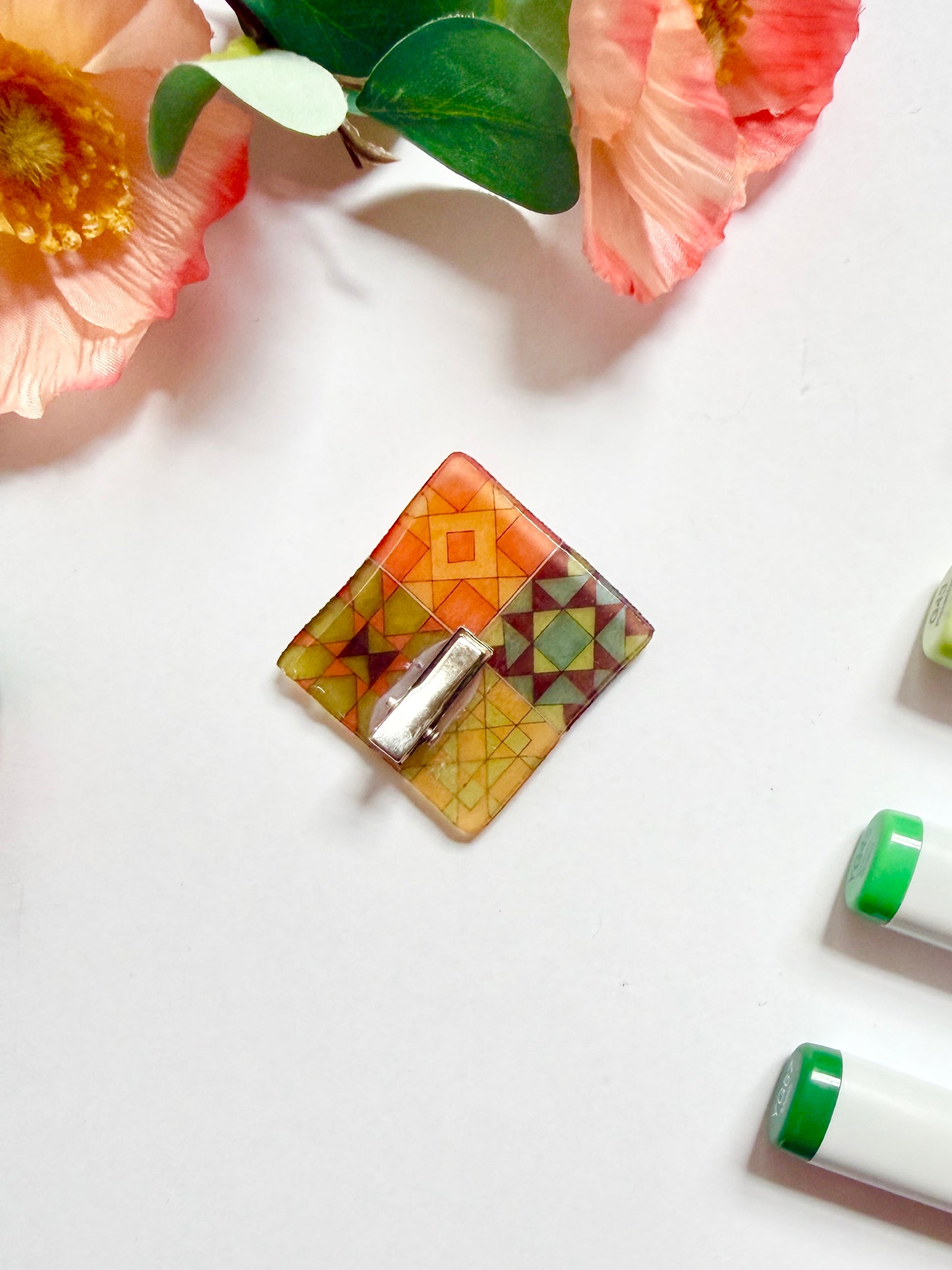 Hand-Illustrated + Handmade Quilt Squares Resin Hair Clip