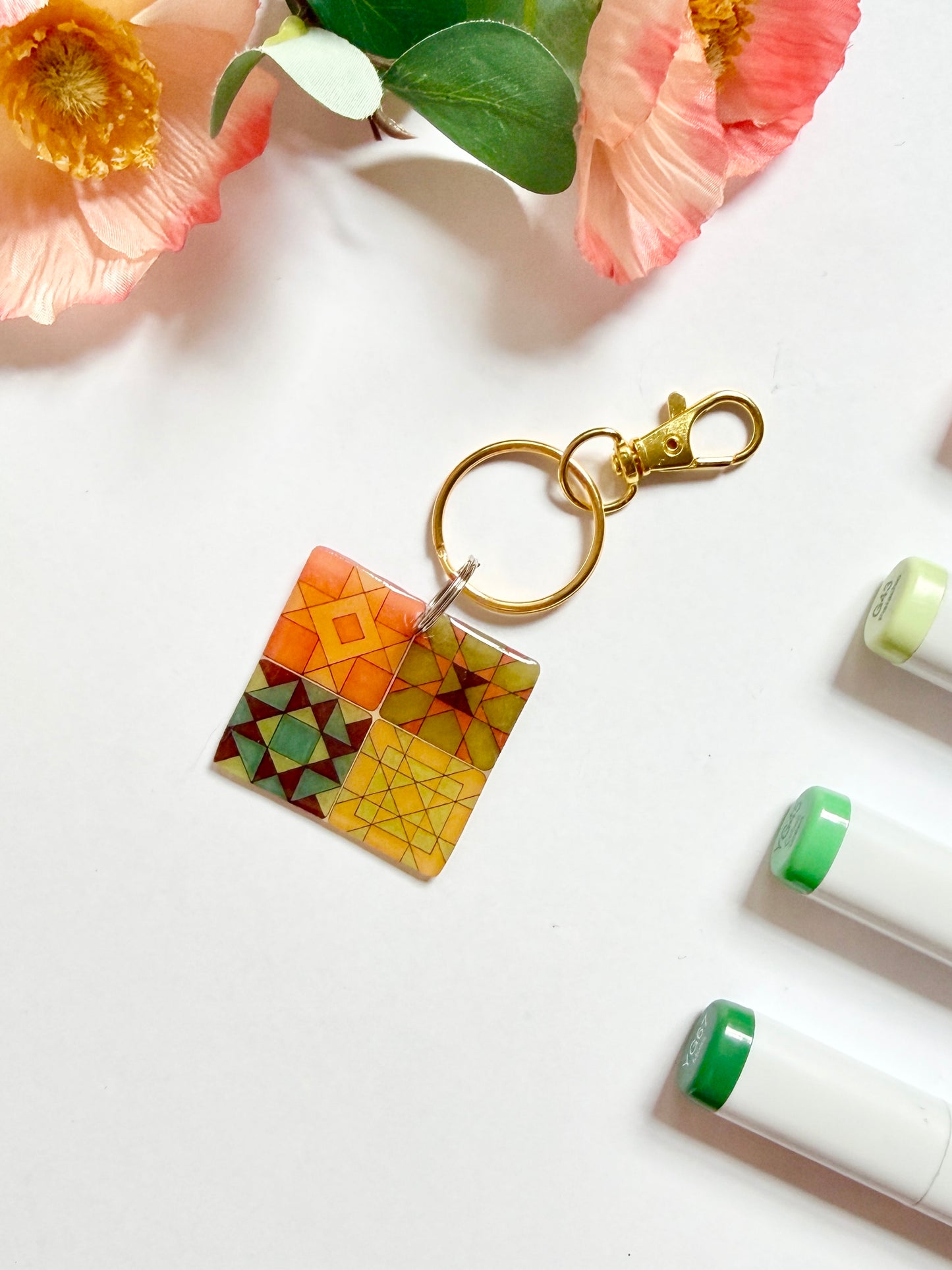 Hand-Illustrated Quilt Squares | Handmade Acrylic + Resin Keychain/Bag Charm