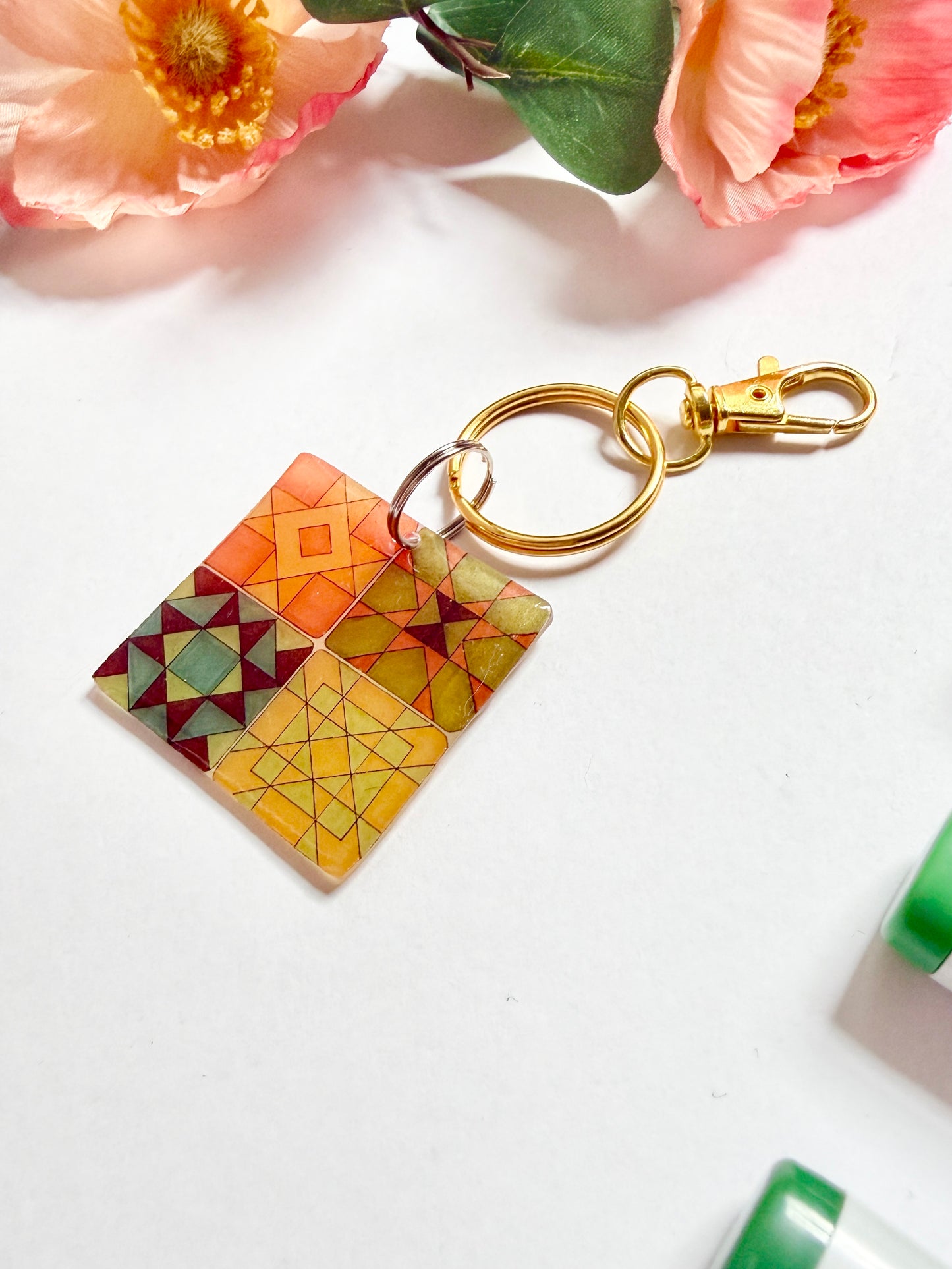 Hand-Illustrated Quilt Squares | Handmade Acrylic + Resin Keychain/Bag Charm