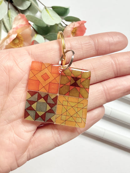 Hand-Illustrated Quilt Squares | Handmade Acrylic + Resin Keychain/Bag Charm