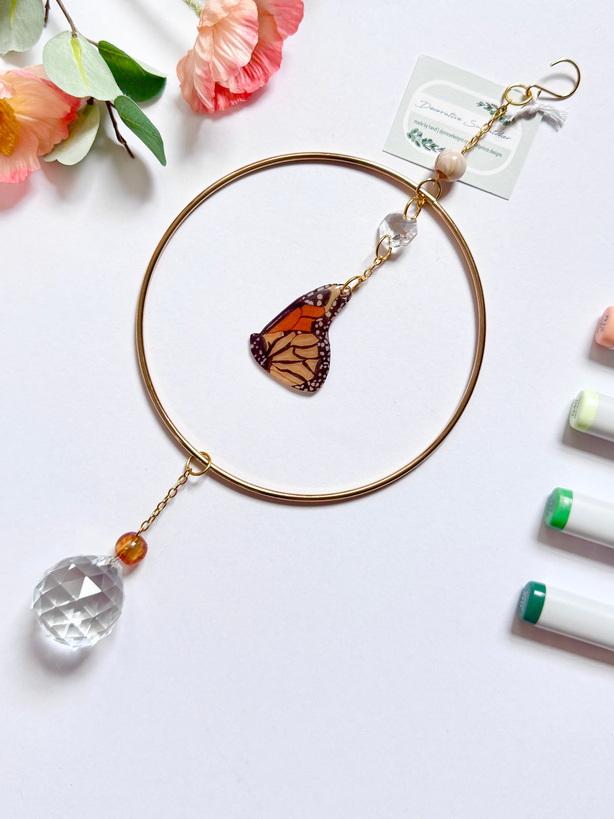 Handmade + Hand-Illustrated Monarch Butterfly Suncatcher with Neutral Beads