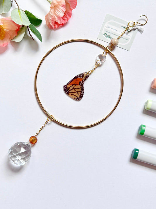 Handmade + Hand-Illustrated Monarch Butterfly Suncatcher with Neutral Beads