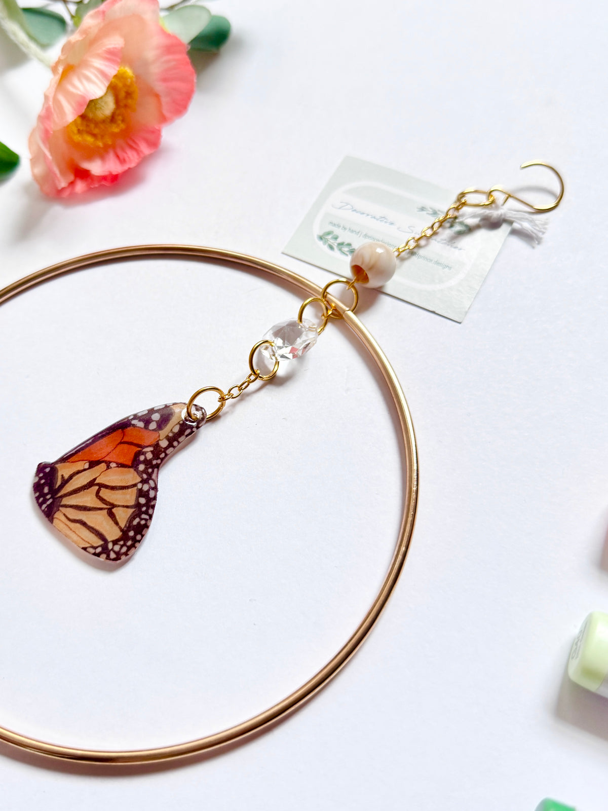 Handmade + Hand-Illustrated Monarch Butterfly Suncatcher with Neutral Beads