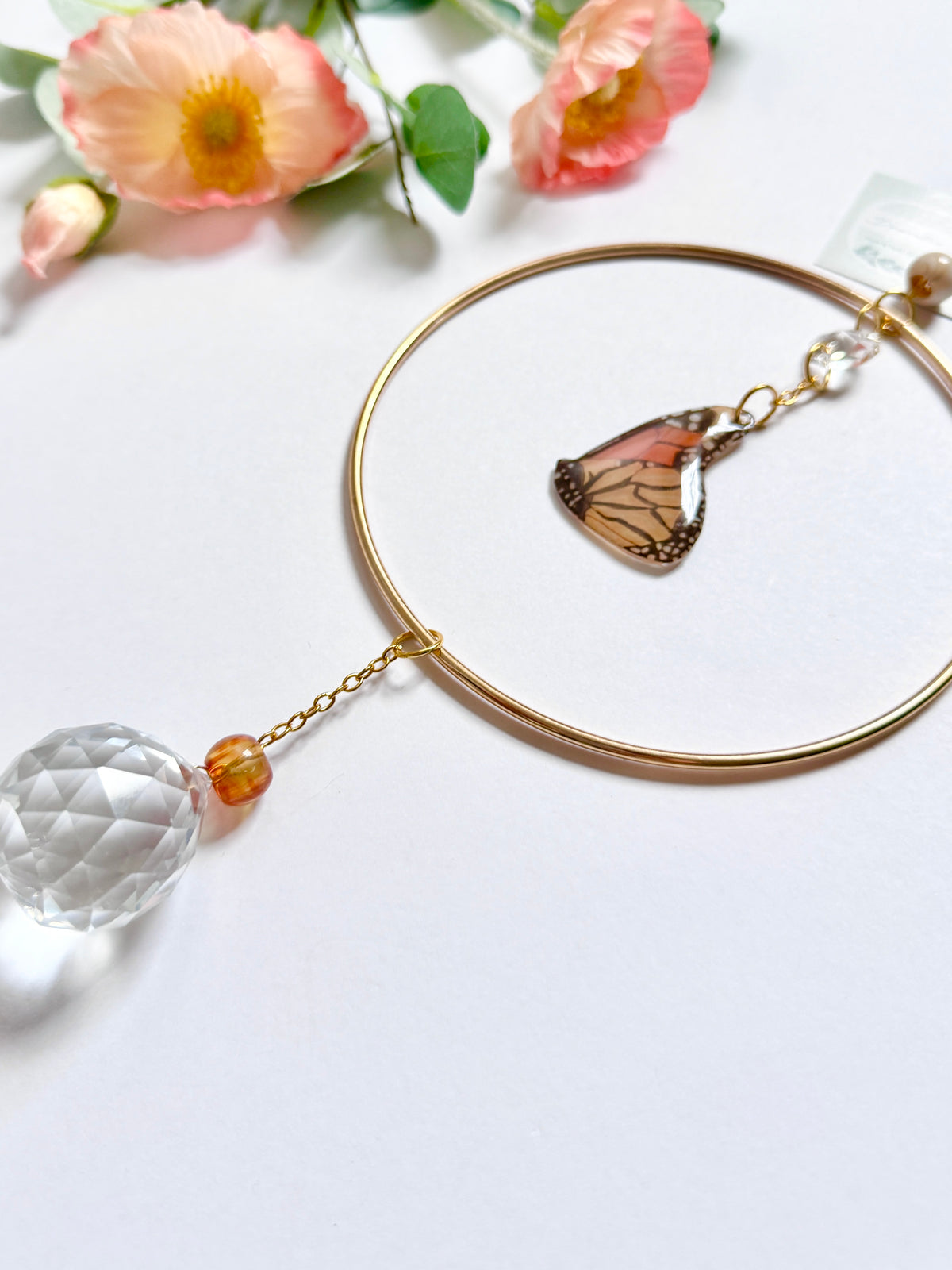 Handmade + Hand-Illustrated Monarch Butterfly Suncatcher with Neutral Beads