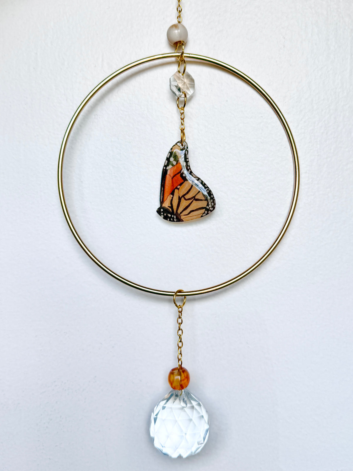 Handmade + Hand-Illustrated Monarch Butterfly Suncatcher with Neutral Beads
