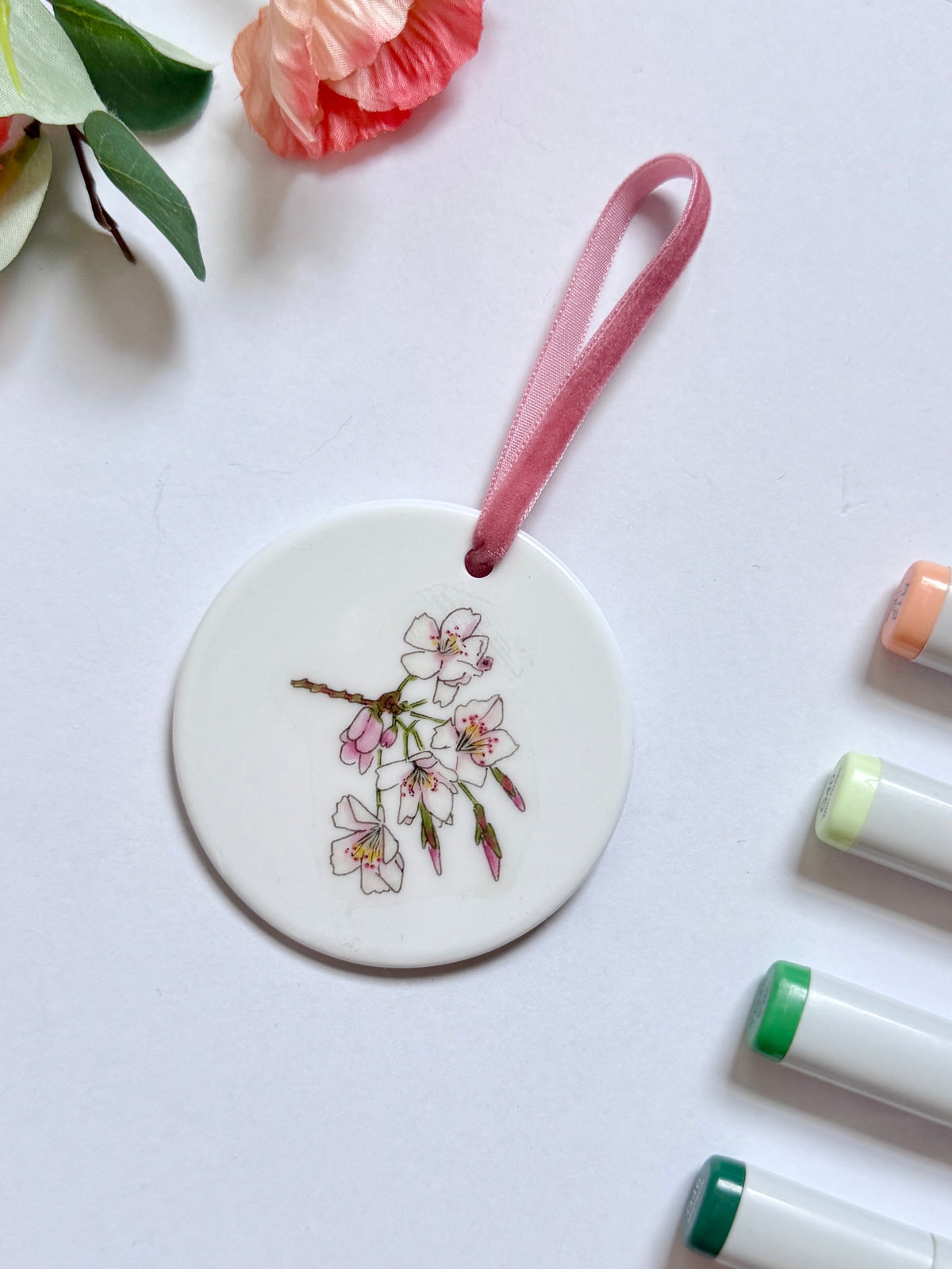 Yoshino Cherry Blossom | White Ceramic Ornament with Pink Velvet Tassel