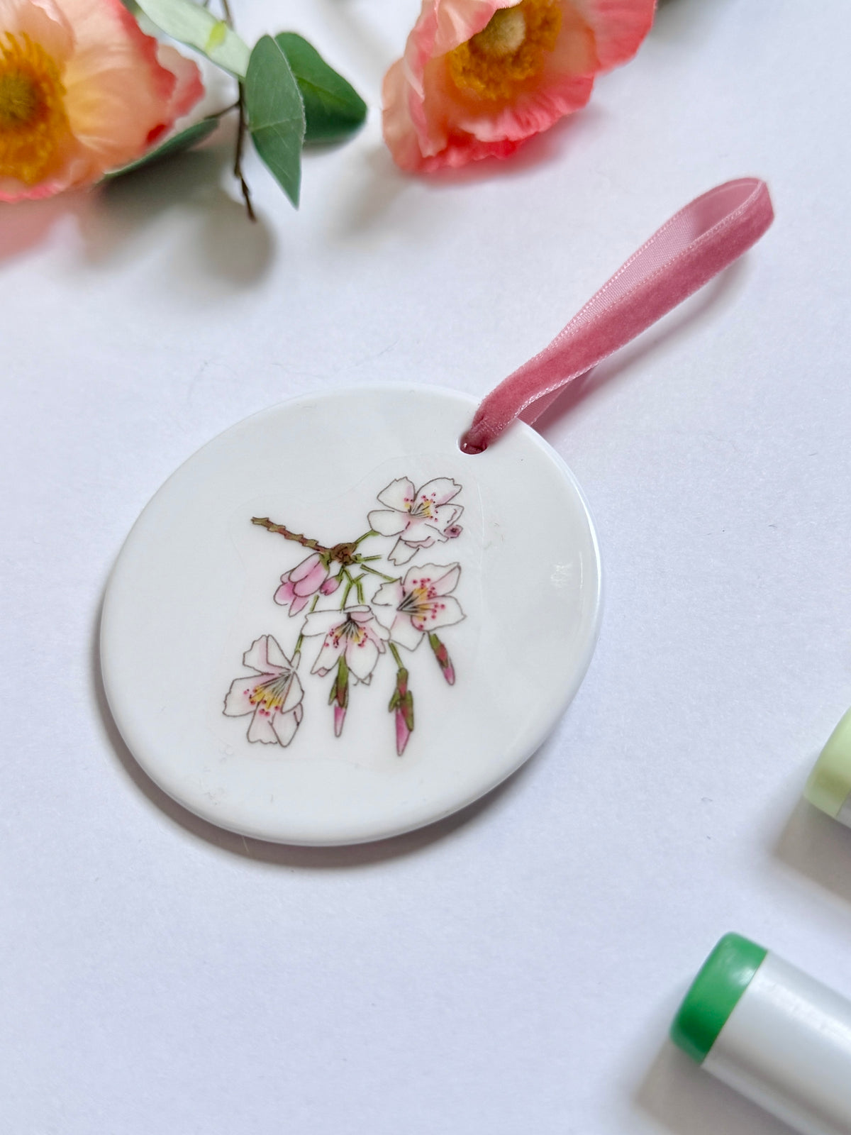 Yoshino Cherry Blossom | White Ceramic Ornament with Pink Velvet Tassel