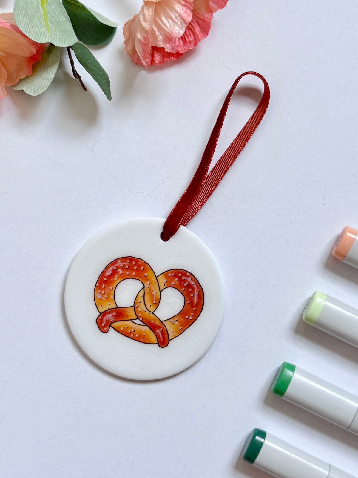 Pretzel | White Ceramic Ornament with Brown Velvet Tassel