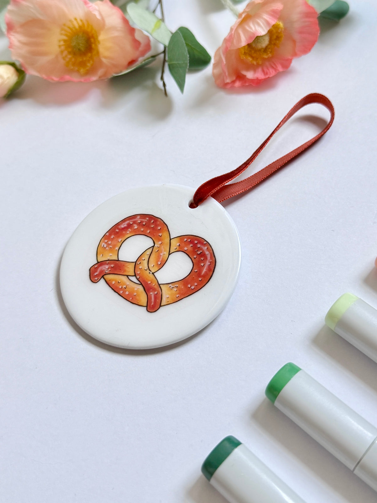Pretzel | White Ceramic Ornament with Brown Velvet Tassel