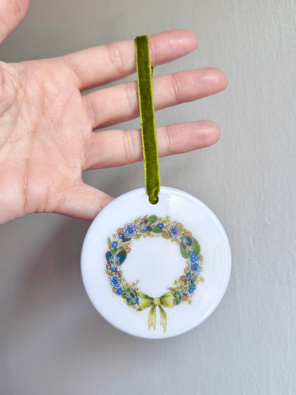 Wreath | White Ceramic Ornament with Green Velvet Tassel