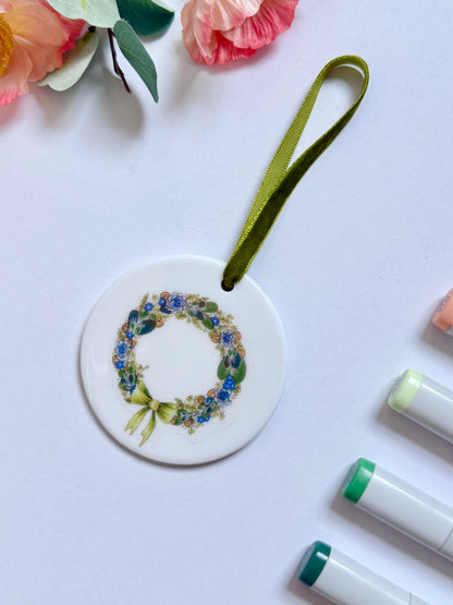 Wreath | White Ceramic Ornament with Green Velvet Tassel