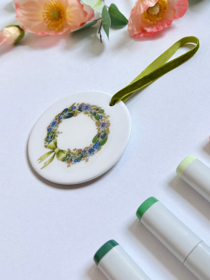Wreath | White Ceramic Ornament with Green Velvet Tassel
