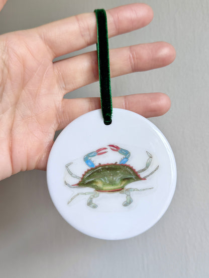 Maryland Blue Crab | White Ceramic Ornament with Green Velvet Tassel
