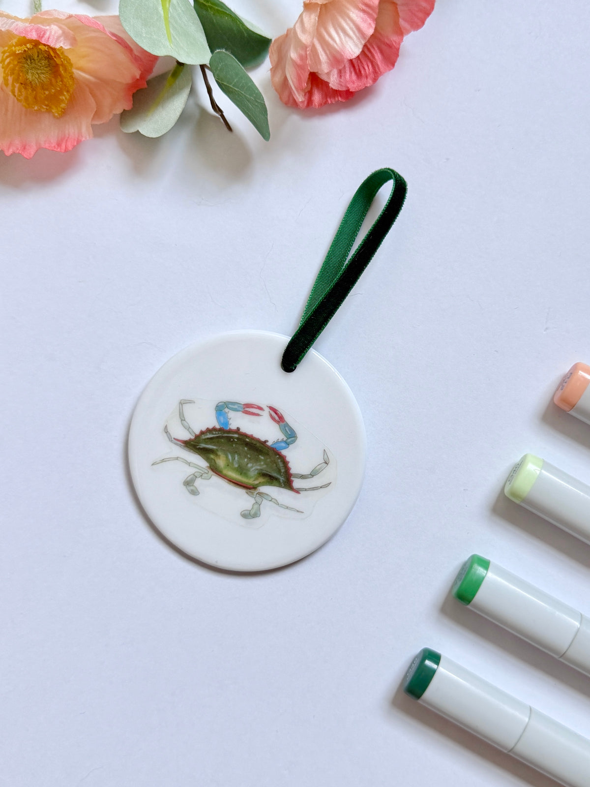 Maryland Blue Crab | White Ceramic Ornament with Green Velvet Tassel