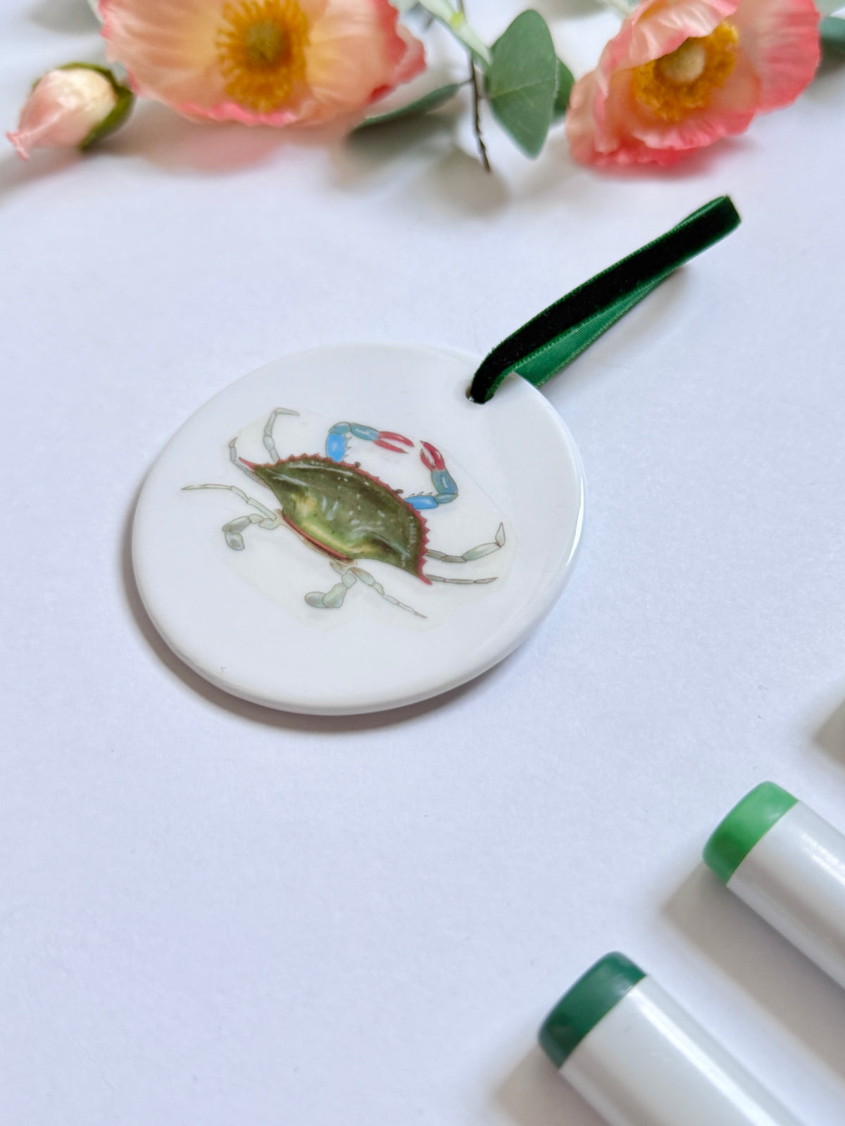 Maryland Blue Crab | White Ceramic Ornament with Green Velvet Tassel