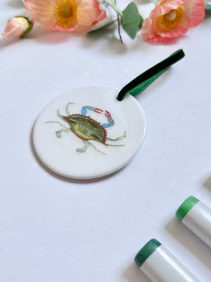 Maryland Blue Crab | White Ceramic Ornament with Green Velvet Tassel