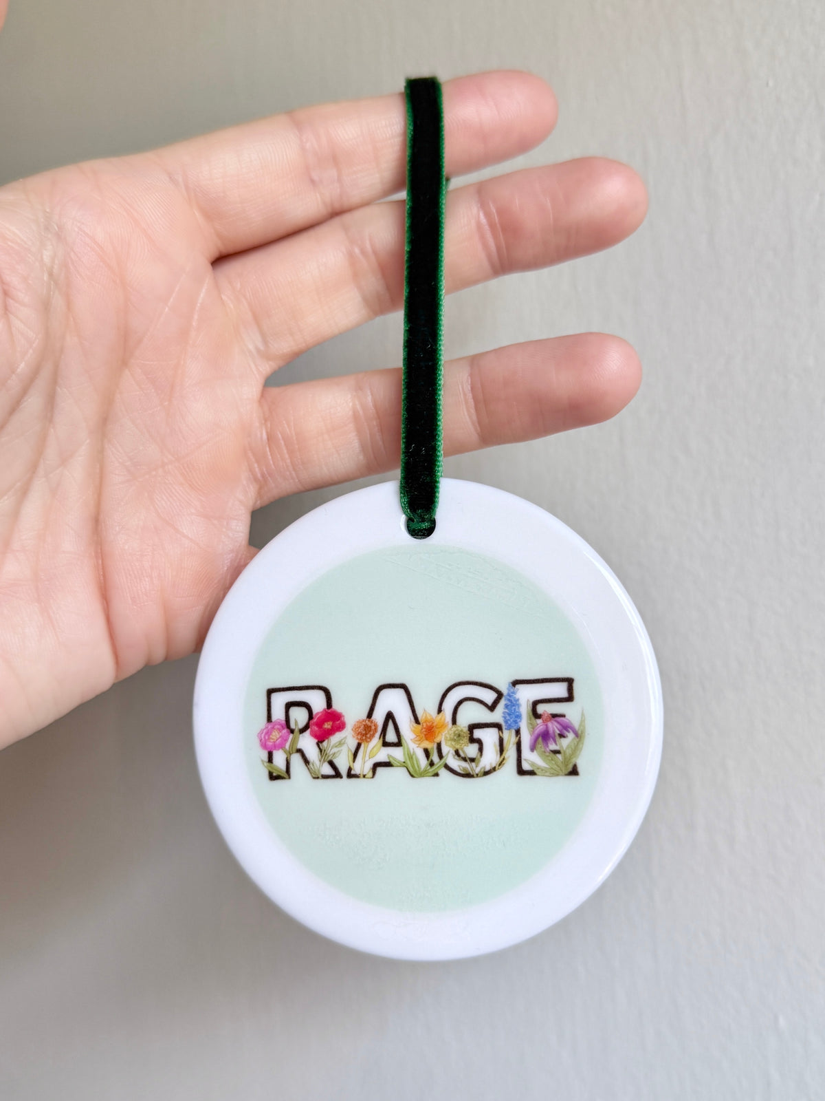 Rage | White Ceramic Ornament with Green Velvet Tassel