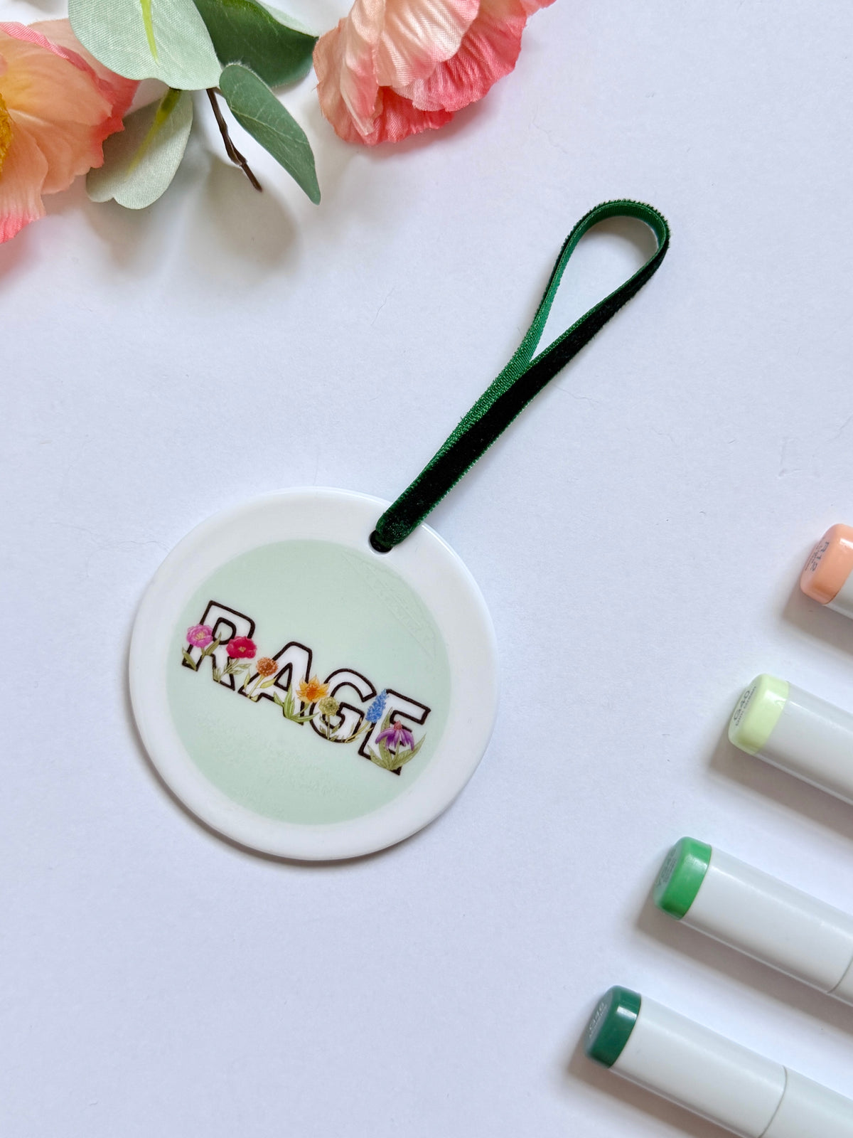 Rage | White Ceramic Ornament with Green Velvet Tassel