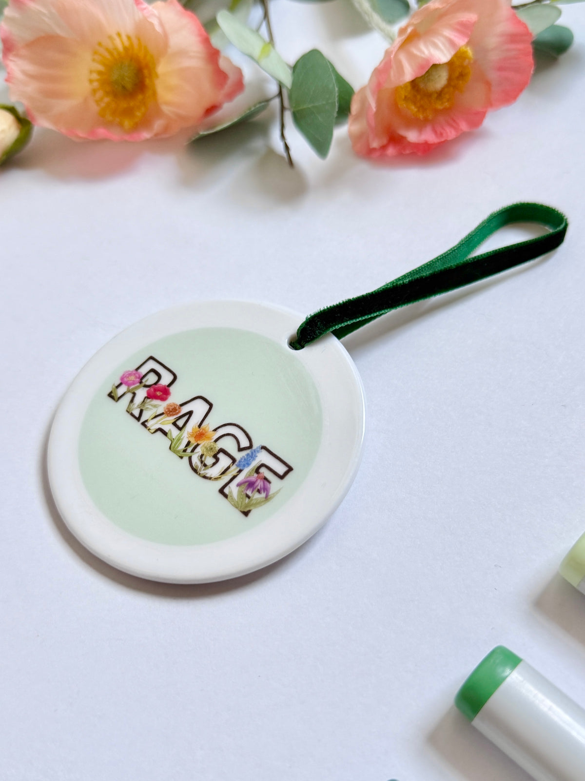 Rage | White Ceramic Ornament with Green Velvet Tassel