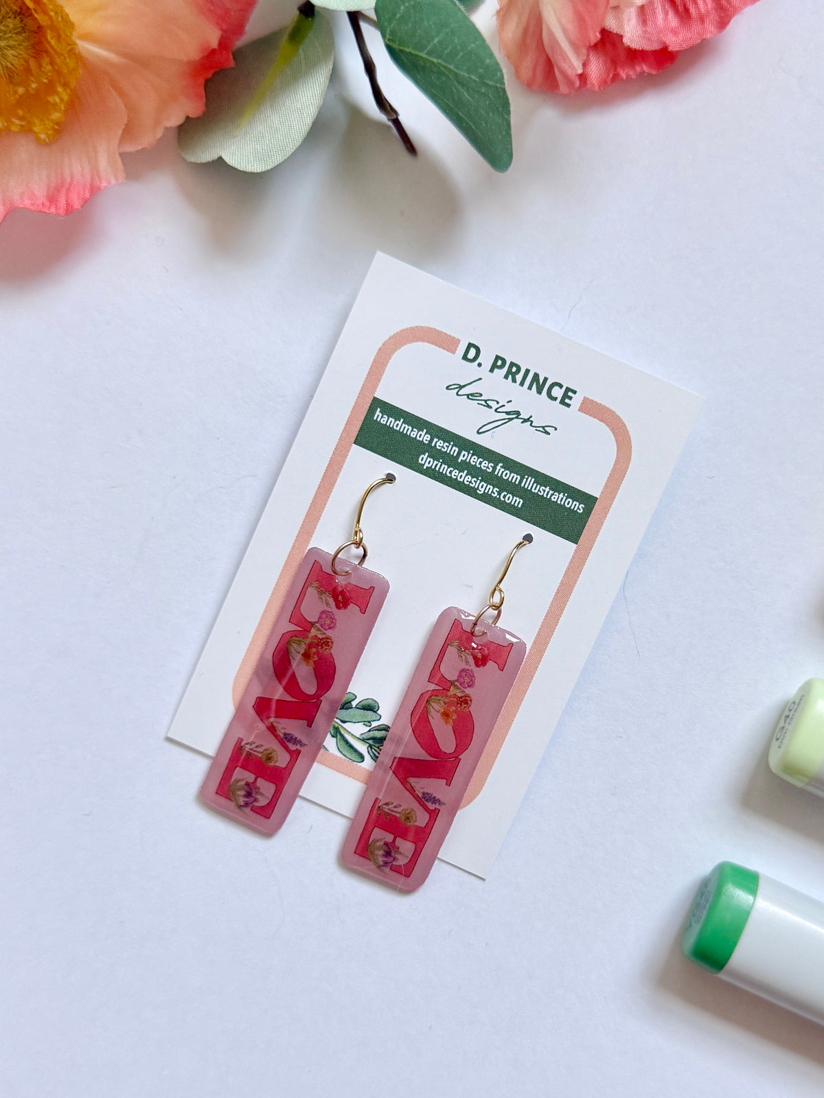 Hand-Illustrated Love with Flowers | Handmade Acrylic + Resin Dangle Earrings
