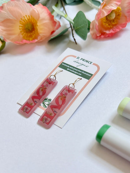 Hand-Illustrated Love with Flowers | Handmade Acrylic + Resin Dangle Earrings