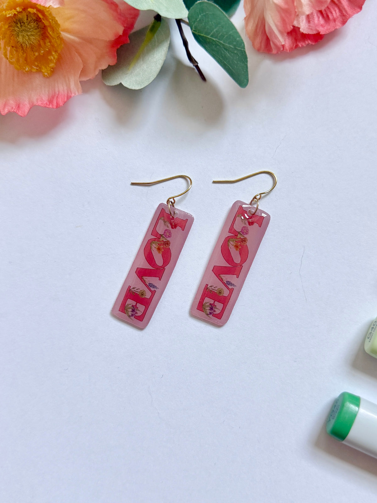Hand-Illustrated Love with Flowers | Handmade Acrylic + Resin Dangle Earrings