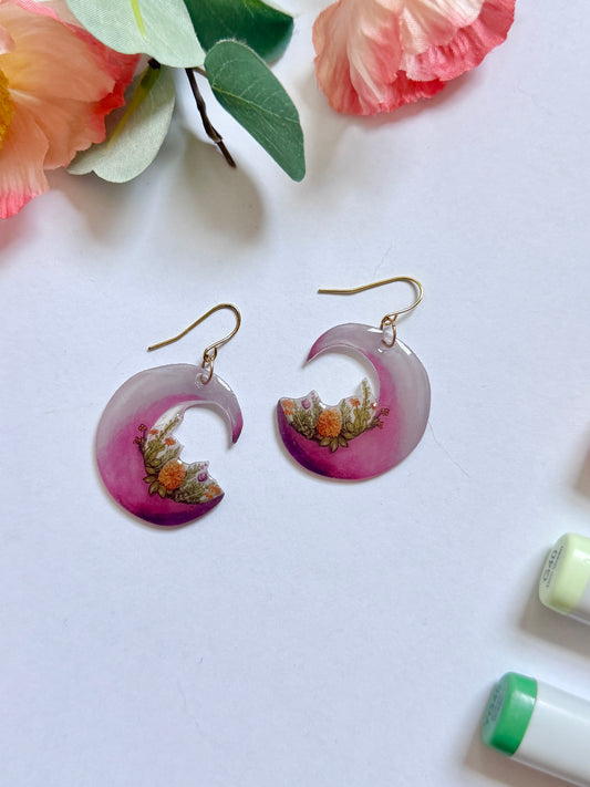 Hand-Illustrated Floral Moons | Handmade Acrylic + Resin Dangle Earrings