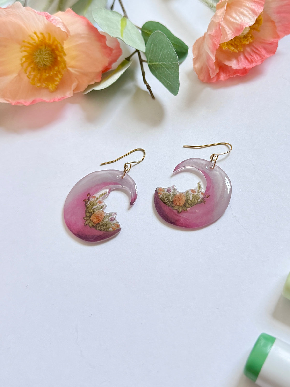 Hand-Illustrated Floral Moons | Handmade Acrylic + Resin Dangle Earrings
