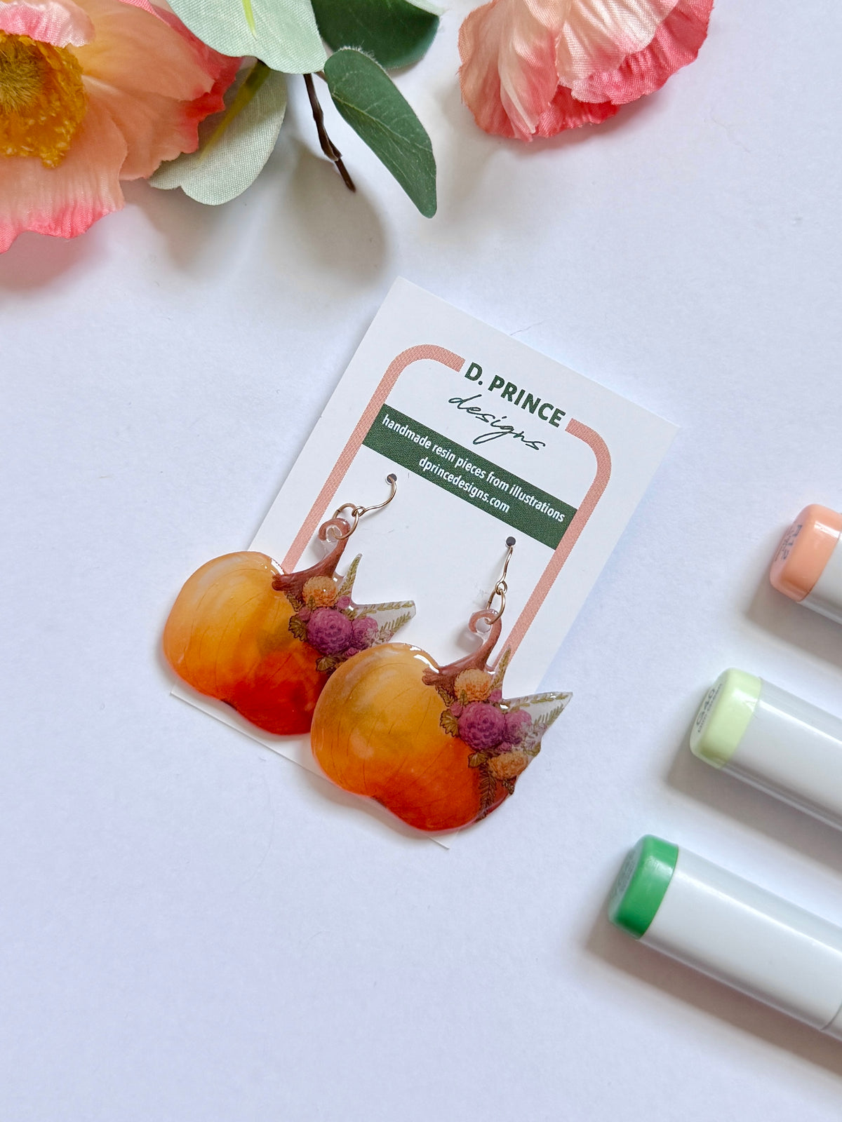 Hand-Illustrated Floral Pumpkins | Handmade Acrylic + Resin Dangle Earrings