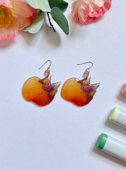 Hand-Illustrated Floral Pumpkins | Handmade Acrylic + Resin Dangle Earrings
