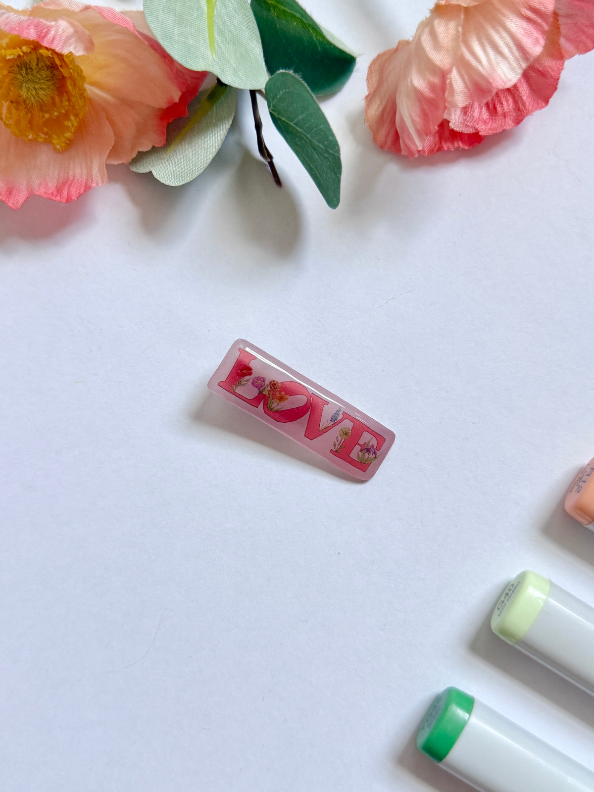 Hand-Illustrated + Handmade Pink Love with Flowers Resin Hair Clip