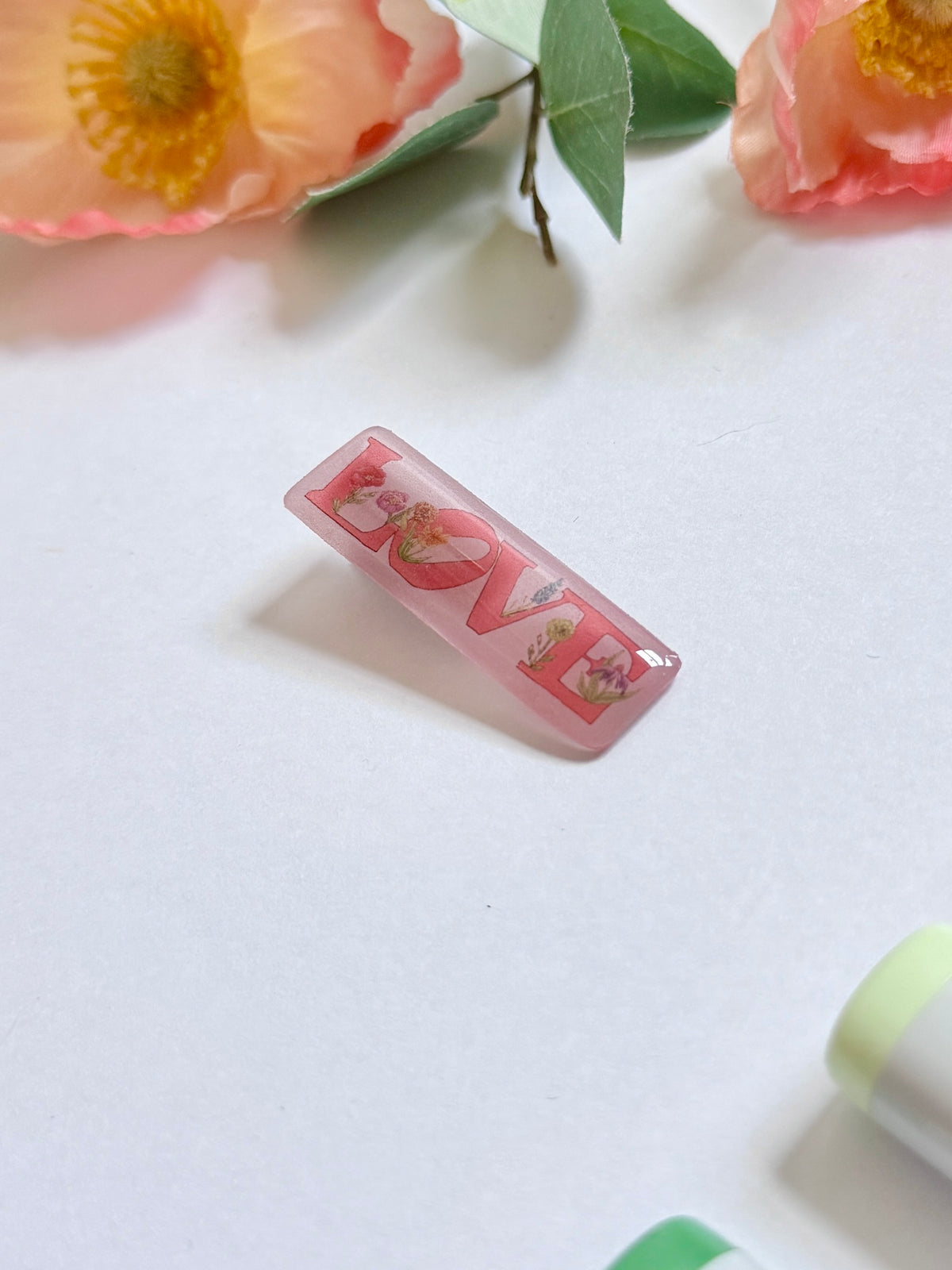 Hand-Illustrated + Handmade Pink Love with Flowers Resin Hair Clip